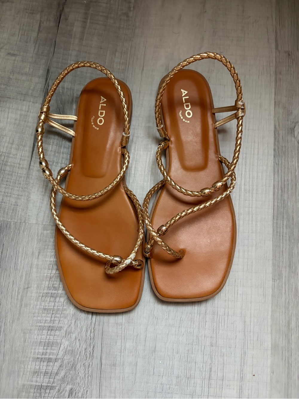 ALDO Braided Metallic Gold Strap Sandals with Tan Footbed - Picture 3 of 3